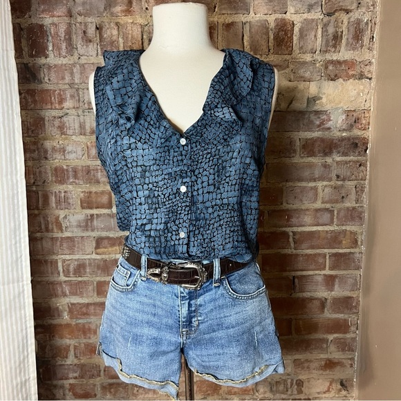 Vintage Snakeskin Blue Ruffle Sleeveless Top/Tank -Size L -TP20 - Picture 1 of 7